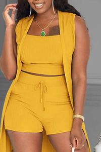 3 Piece Set Gold Ribbed Crop Tank Top, Shorts and Cardigan, photo 2 of 2