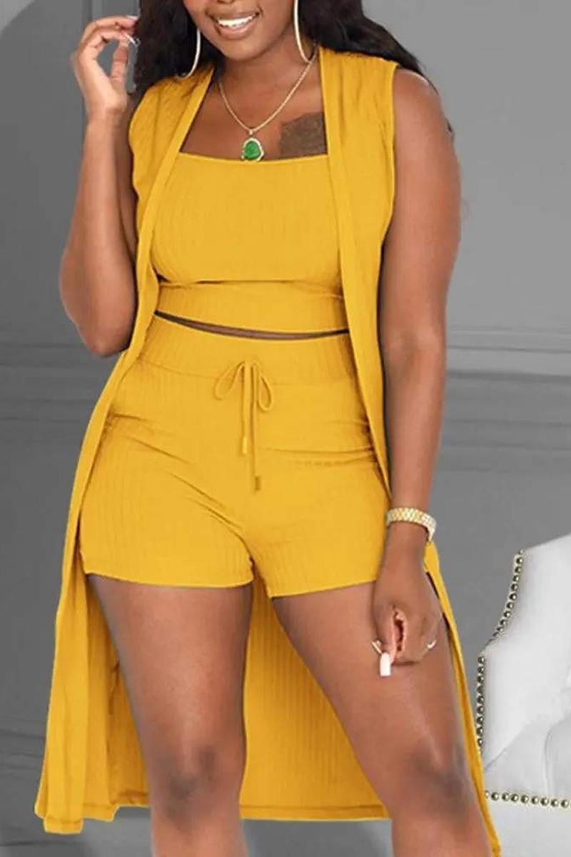 3 Piece Set Gold Ribbed Crop Tank Top, Shorts and Cardigan, photo 1 of 2